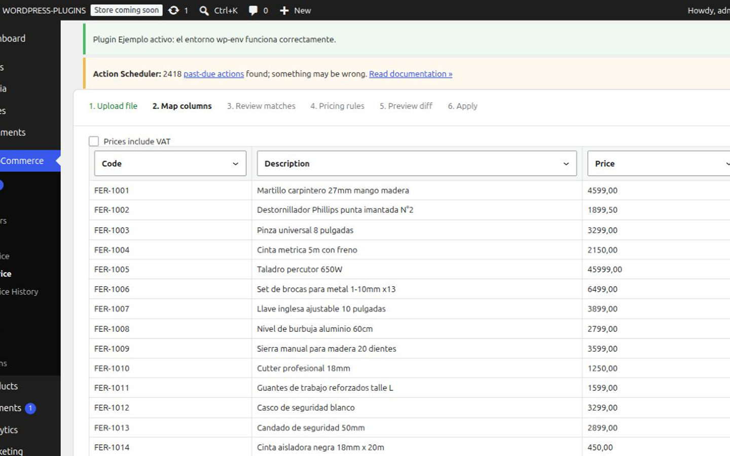 Column mapping step, auto-detected from the uploaded file