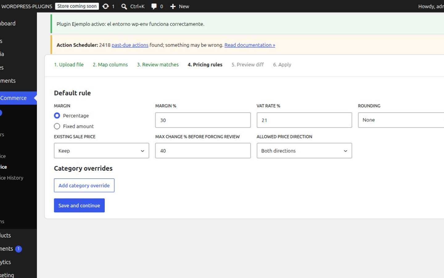 Pricing rules step: margin, VAT, rounding and category overrides