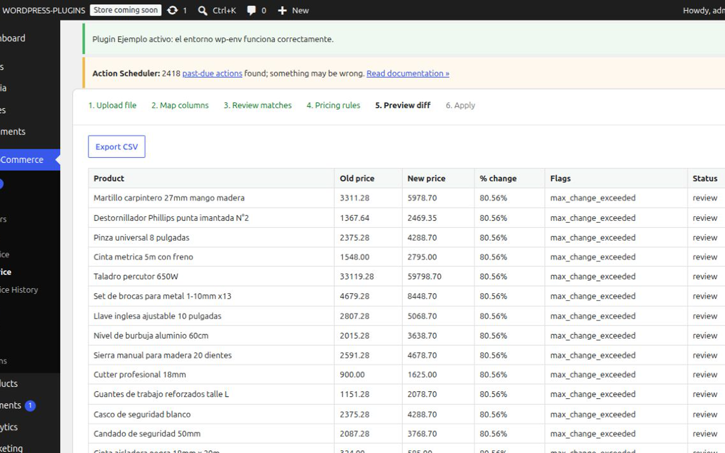 Price diff preview showing old and new prices with percent change